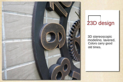 Vintage Style Industrial Wall Clock with Roman Numerals Visible 3D Gears 11"-17" Gold or Silver