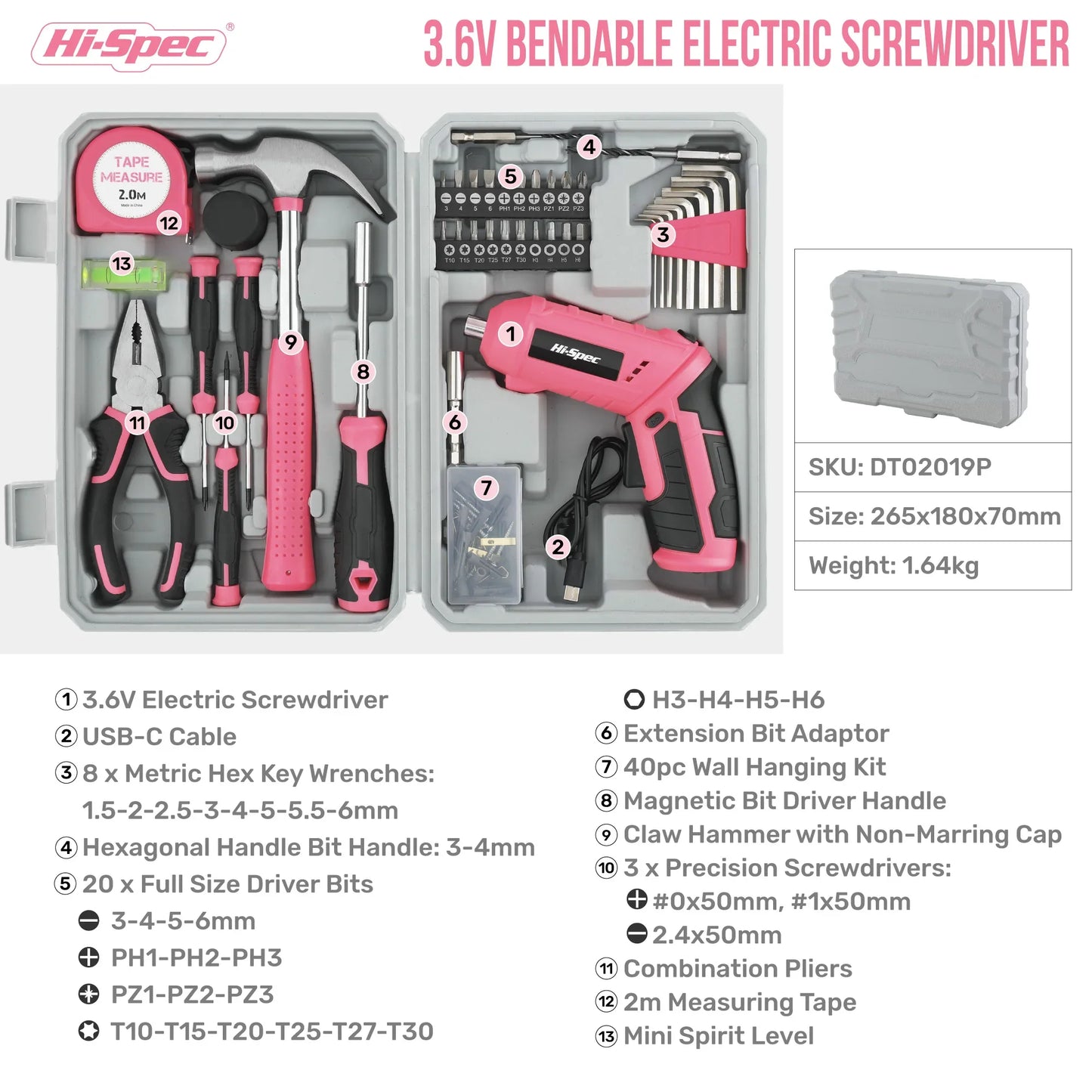 Hi-Spec 92-Piece Pink Home Tool Box Set, Multi-Function Hand Repair Kit with Hammer Cordless Power Drill Combo for Household DIY