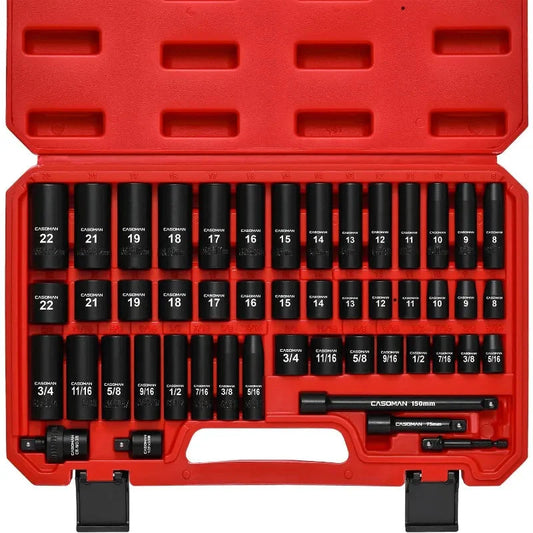 3/8" Drive Impact Socket Set, 49 Piece Standard SAE and Metric Sizes (5/16-Inch to 3/4-Inch and 8-22 mm), 6 Point, Cr-V