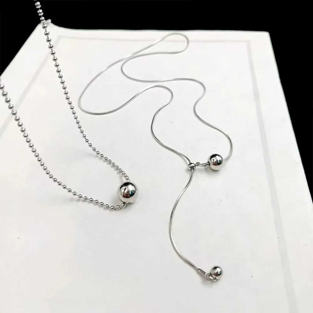 Personality Design Silver Color Stainless Steel Beaded Ball Pendant Necklace for Women Double Layer Hip Hop Rock Chokers Jewelry