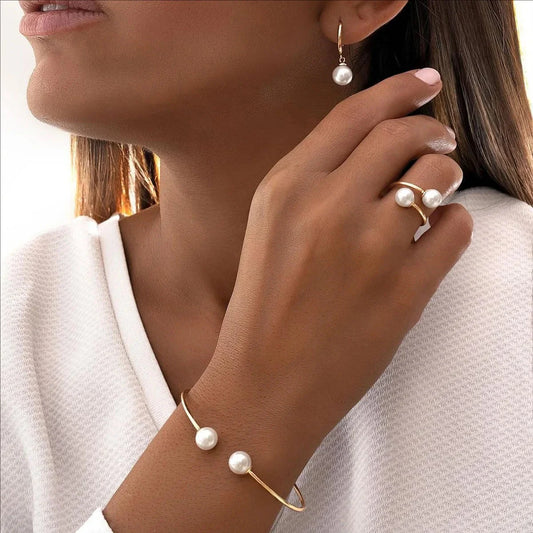 Female Jewelry Set Pearl Open Stud Earrings Bracelet Ring Women's Simple Luxurious High-end Sophisticated Accessories