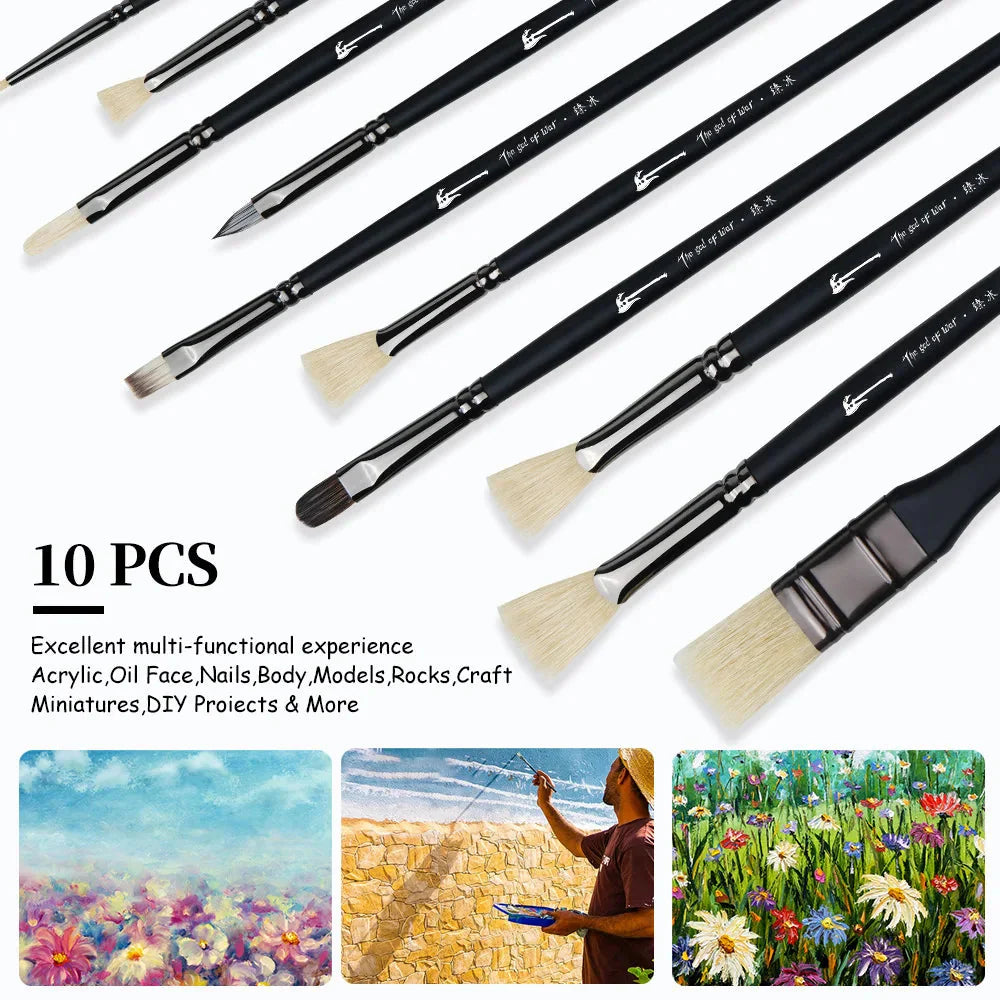 10 Pcs Paint Brushes Set Bristle Hair Professional Drawing Long Rod Painting Brush Oil Acrylic Watercolor Art Supplies