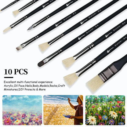 10 Pcs Paint Brushes Set Bristle Hair Professional Drawing Long Rod Painting Brush Oil Acrylic Watercolor Art Supplies