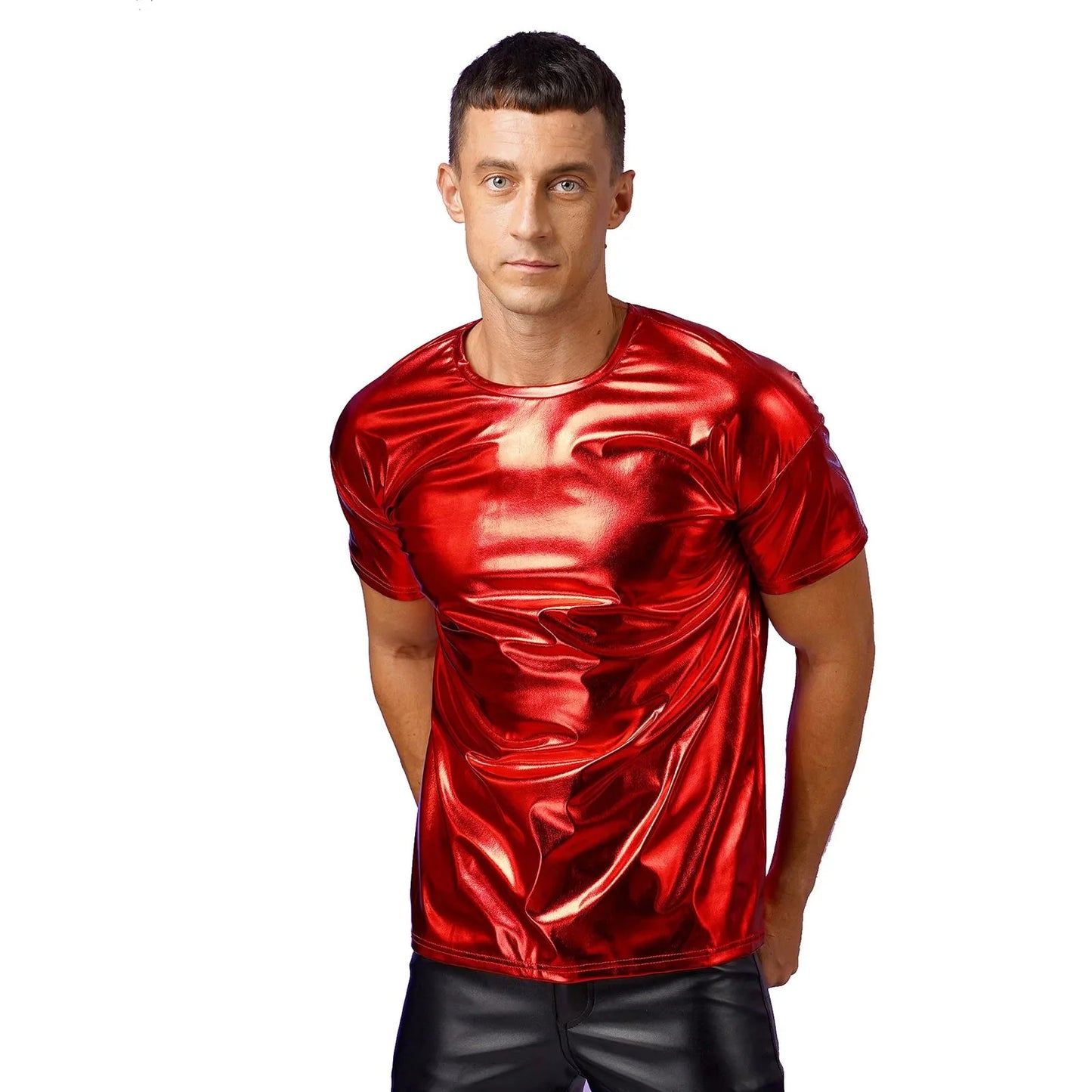 Mens Dance Shirts Tops Party Performance 80s Clothes Metallic Shiny Short Sleeve Round Neck T-shirt for Club Show Role Play