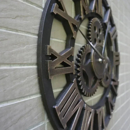 Vintage Style Industrial Wall Clock with Roman Numerals Visible 3D Gears 11"-17" Gold or Silver