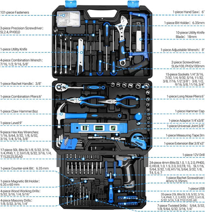 DEKO Home Mechanic Toolbox with 12V Power Cordless Drill Hand Repair Tools Sets Combo Kits Storage Organizer Drawer Case