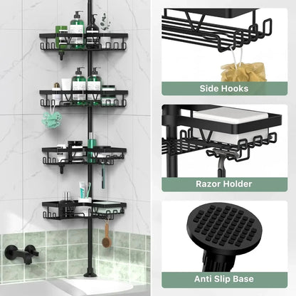 Corner Shower Caddy Tension Pole - 4 Tier Stainless Steel Rustproof Shower Corner Caddy for Bathroom Shower Organizer