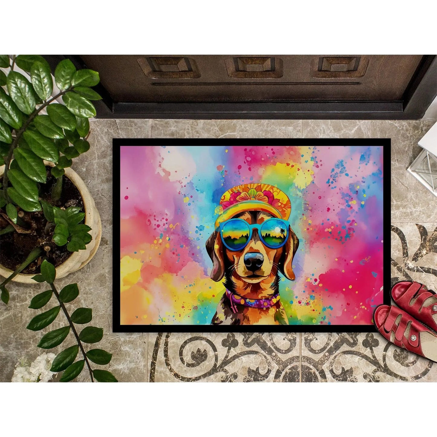 Dachshund Hippie Dawg Doormat Non-Slip Washable Low Pile 24H X 36W Indoor Outdoor Front Door Mat for Entryway