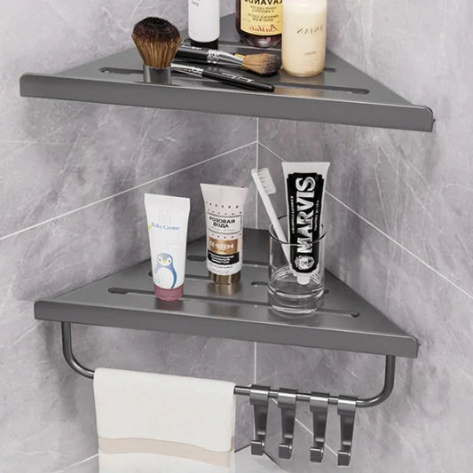Bathroom Triangle Drain Shelf No Drilling Wall Mounted Cosmetic and Toiletries Hollow Carbon Steel Shelf with Hooks