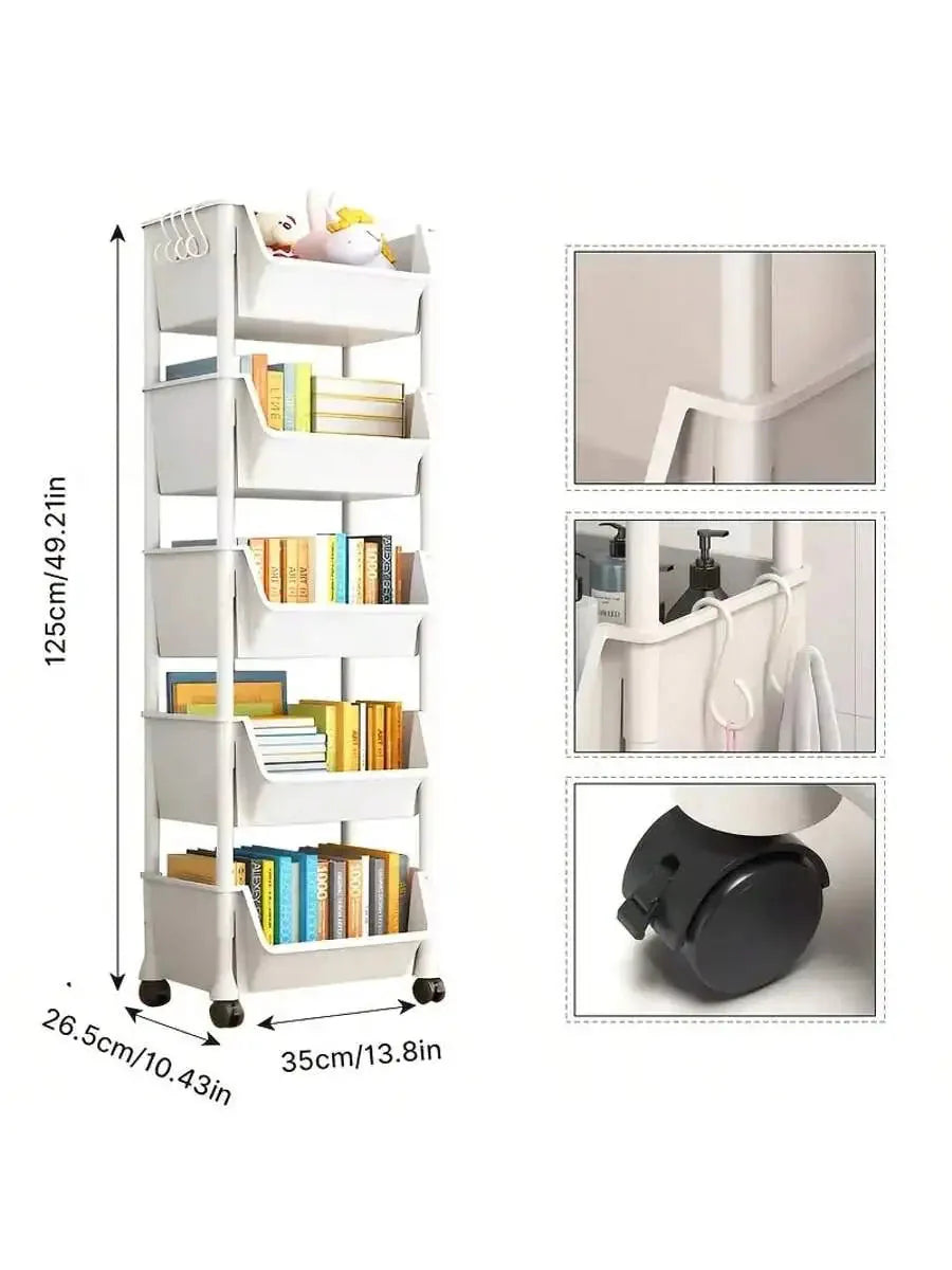 Multi-Tier Rolling Storage Cart, Slim Rolling Cart with Storage Bins and Hooks - Space-Saving Organizer, 360° Rotating Storage C