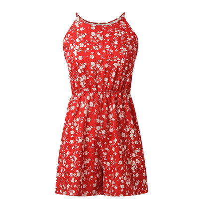 Fashion Women Romper Floral Printed Halter Neck High Waist Sleeveless Jumpsuits Summer Vintage Lace Up Casual Beach Overalls