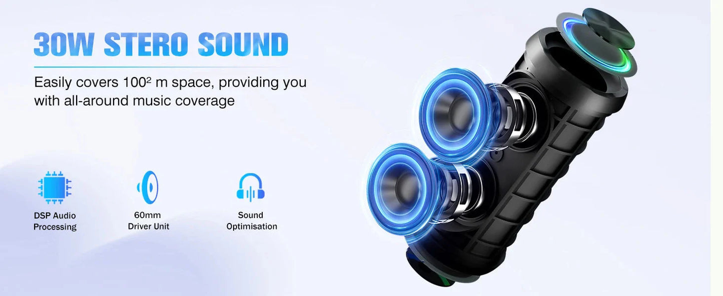 Portable Bluetooth Speaker, Bluetooth 5.4 Speaker, 30W Dual Speaker, Deep Bass, 30H Playtime, 3 EQ Mode, Colorful RGB Lights