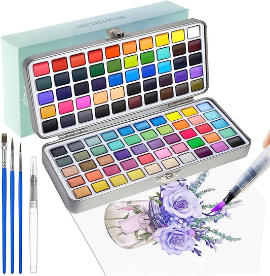 The 50/72/90/100/128/168 watercolor paint set includes a palette, brushes, drawing pens, professional painting supplies