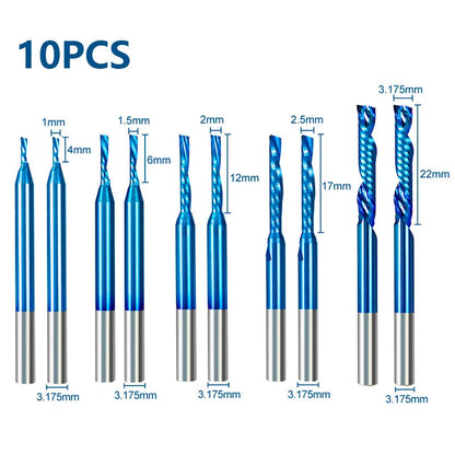 XCAN10pcs Single Flute Carbide End Mill 1/8'' Shank O Flute Spiral CNC Router Bit Cutter 1/1.5/2/2.5/3.175mm Wood Milling Tools