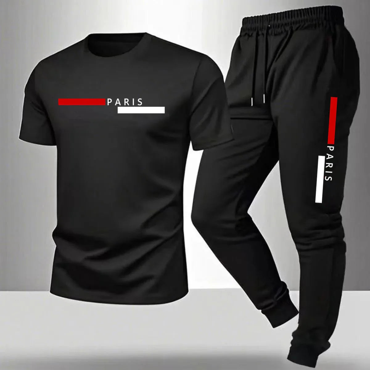 2026 NEW Men's Summer Casual Pants+Short Sleeve T-shirt Set Paris Paris Paris Printed Two Piece Set Men's Sports Set