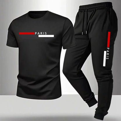 2026 NEW Men's Summer Casual Pants+Short Sleeve T-shirt Set Paris Paris Paris Printed Two Piece Set Men's Sports Set