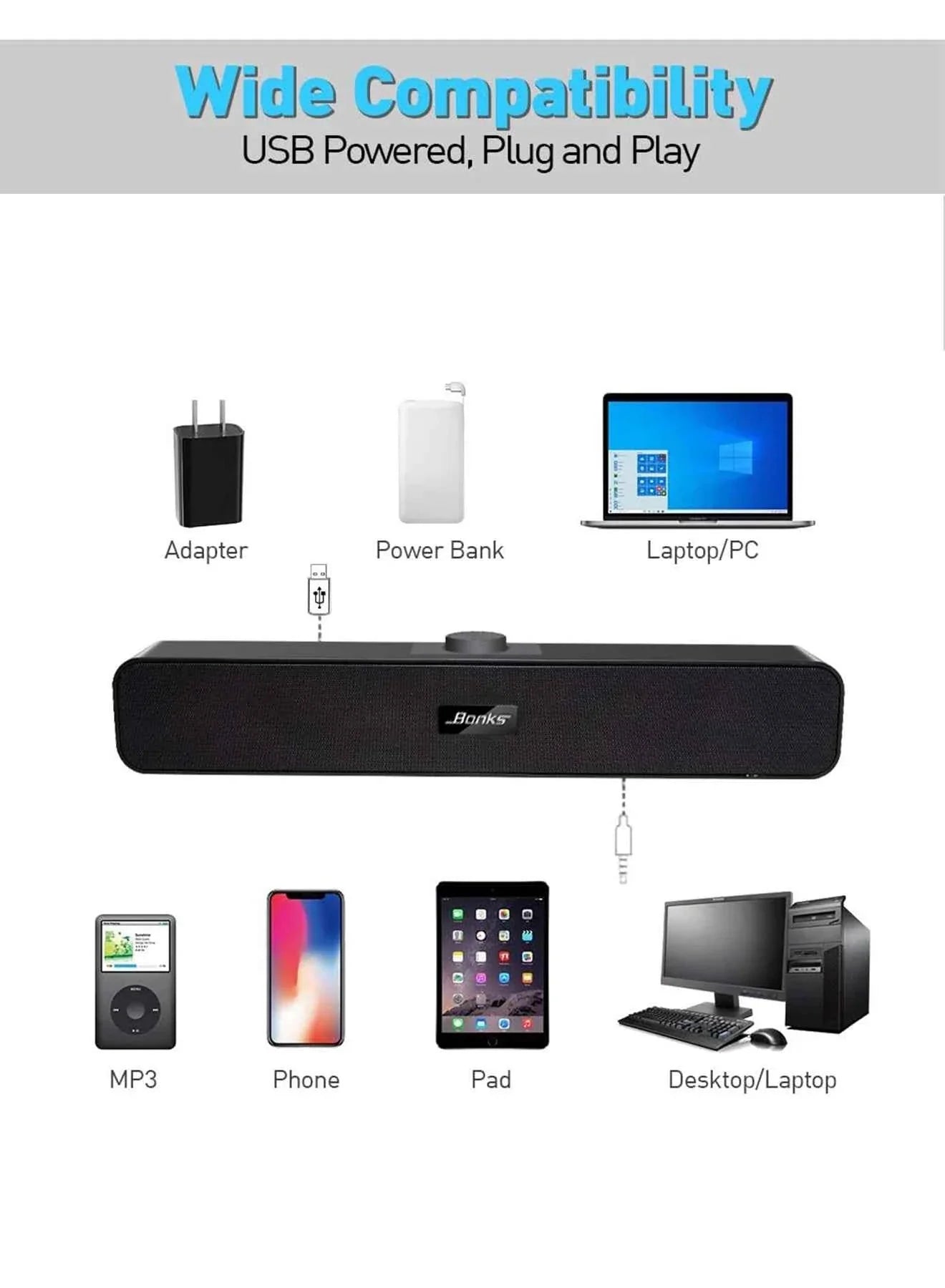 B Computer Speakers with 3.5 mm Aux, Small PC Speakers Powered by USB, USB Soundbar for Monitor，Wired USB Desktop Speaker,