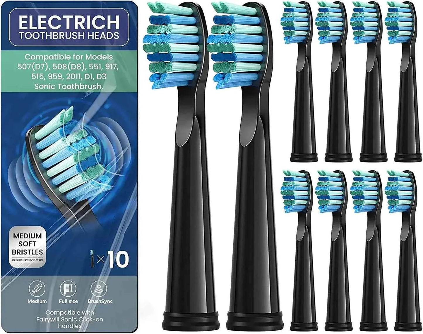 Premium Replacement Toothbrush Heads for Fairywill & Seago - Du Pont Bristles - Compatible with FW-507/508/D1/D3/D7