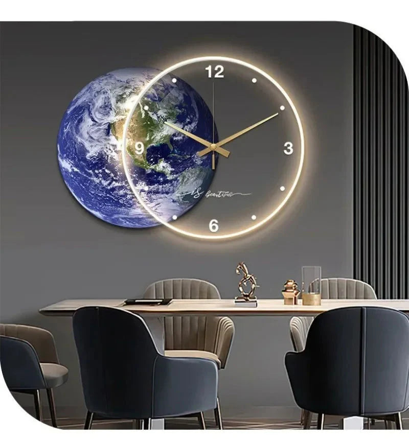 Large Wall Clock Luxury Dining Room Living Room Moon The Earth Modelling LED Light Silent Movement Bedroom Clock Wall Decoration