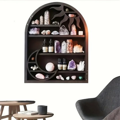 Wood Storage Shelf - Stylish and Practical Wall Shelf, Crescent Sun and Moon Crystal Shelf