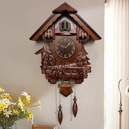 Antique Classic Solid Wood Hand-carved Cuckoo Wall Clock, Children's Music, Hour Announcement Swinging Creative Clock