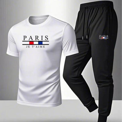 2026 NEW Men's Summer Casual Pants+Short Sleeve T-shirt Set Paris Paris Paris Printed Two Piece Set Men's Sports Set