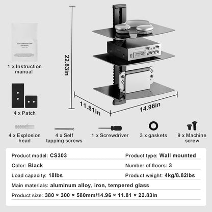 SucceBuy 4-Tier AV Media Stand Audio/Video Stand with Strengthen Tempered Glass Shevles for DVD Adjustable Media Storage Cabinet