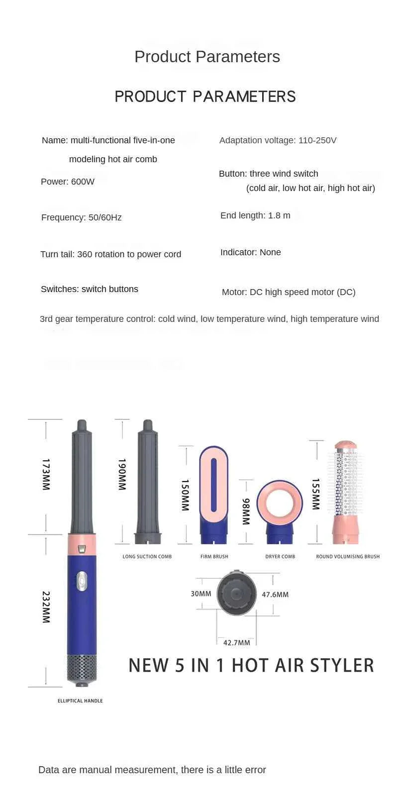 5-in-1 Negative Ion Automatic Curling Iron Multifunction Convenient Hair Dryer Volume Straight Hot Air Comb Curly Girl Method