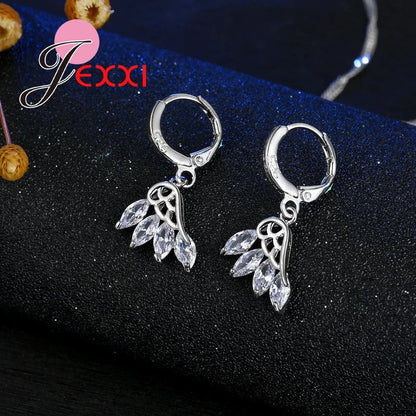 Wedding Jewelry Sets Accessories Women 925 Sterling Silver White Crystal Wing Design Necklace Earrings Flying Feather Sets