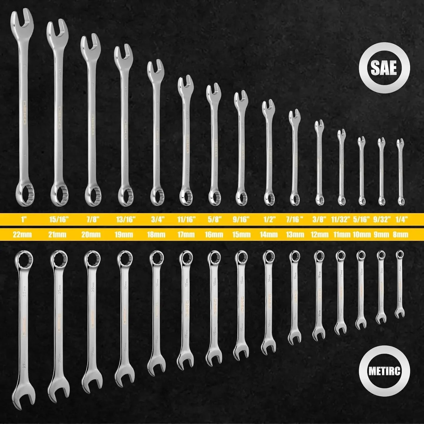 DEKOPRO Combination Wrench Set SAE / Metric,  1/4'' to 1'' & 8-22mm, 12-Point, Chrome Vanadium Steel