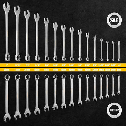 DEKOPRO Combination Wrench Set SAE / Metric,  1/4'' to 1'' & 8-22mm, 12-Point, Chrome Vanadium Steel