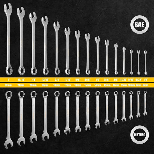 DEKOPRO Combination Wrench Set SAE / Metric,  1/4'' to 1'' & 8-22mm, 12-Point, Chrome Vanadium Steel