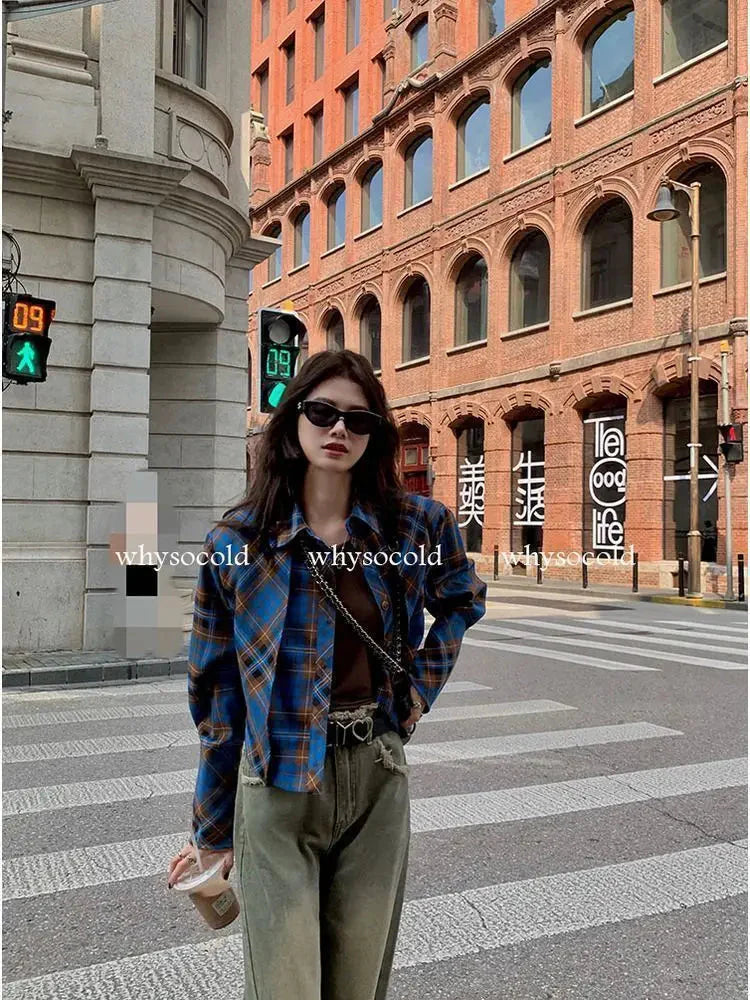 Checkered shirt women's 2024 spring new design sense niche French chic long sleeved shirt  retro top  womens tops