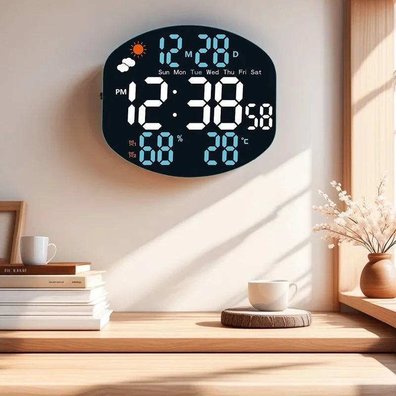 Large Digital Wall Clock Weather Station Forecast TEMP Humidity Date Week Night Mode Table Clock 2 Alarm 12/24H LED Alarm Clock