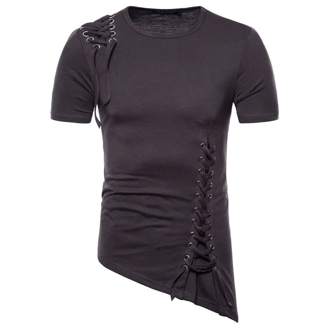 New2026 Men's Summer Short Sleeve T-shirts Trend Irregular Design Lace Up Solid Slim Tees Fashion Gothic Style Casual Shirts Men