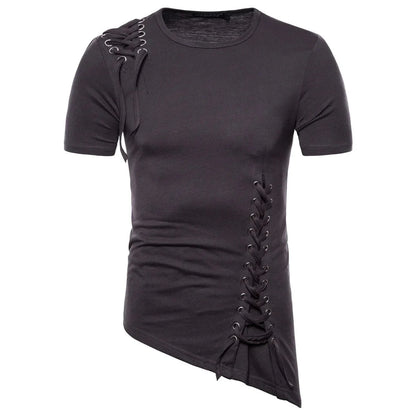 New2026 Men's Summer Short Sleeve T-shirts Trend Irregular Design Lace Up Solid Slim Tees Fashion Gothic Style Casual Shirts Men