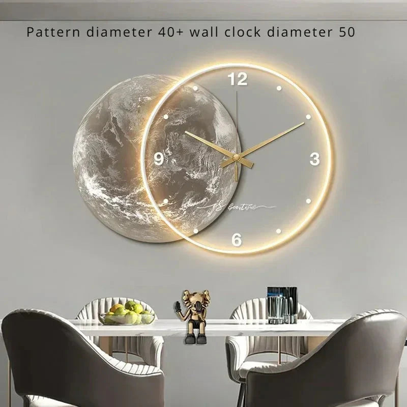 Large Wall Clock Luxury Dining Room Living Room Moon The Earth Modelling LED Light Silent Movement Bedroom Clock Wall Decoration
