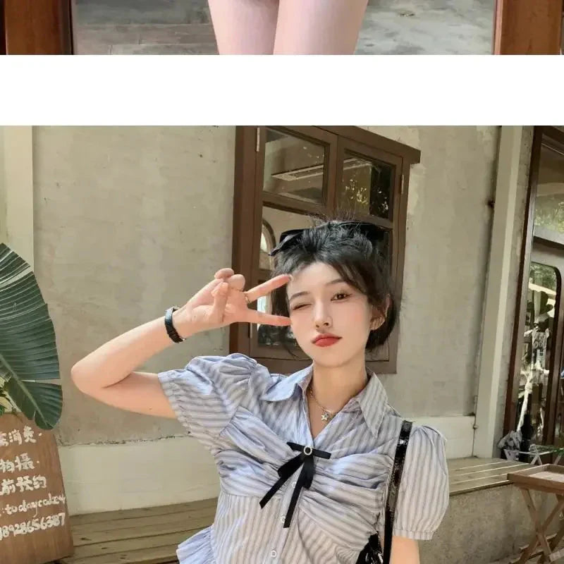 Bow-rinked Striped Shirt for Women Summer French Sweet and Spicy Puff Sleeve Shirt Short Short Sleeve Top
