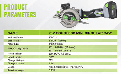 WORKPRO 20V Cordless Electric Circular Saw With Laser For Wood Ceramic Tile 115 mm Saw Blade 710W Electric Circular Saw No Laser