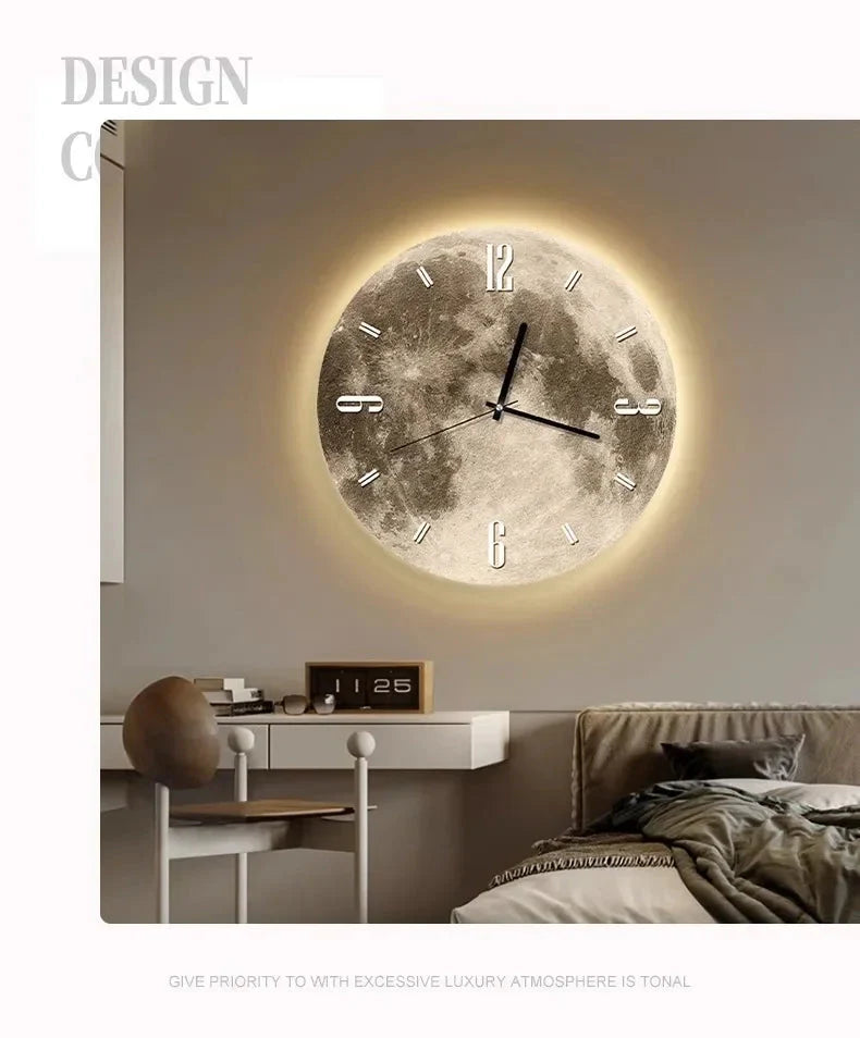 16 Inch Fashions Wall Clock Dining Room Living Moon The Earth Modelling LED Light Silent Movement Bedroom Clock Wall Decoration