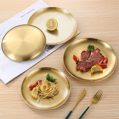 2pcs stainless steel plates, 23cm gold and silver multifunctional plates, suitable for picnics, pre meal preparation, family use