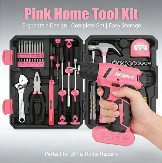 Hi-Spec 92-Piece Pink Home Tool Box Set, Multi-Function Hand Repair Kit with Hammer Cordless Power Drill Combo for Household DIY