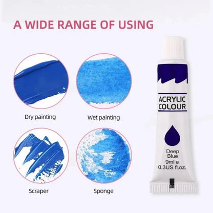 12 Color Acrylic Paint Set 9ml Tubes Waterproof Art Supplies for Beginner Artists DIY Painting on Canvas Wall Art Stationery