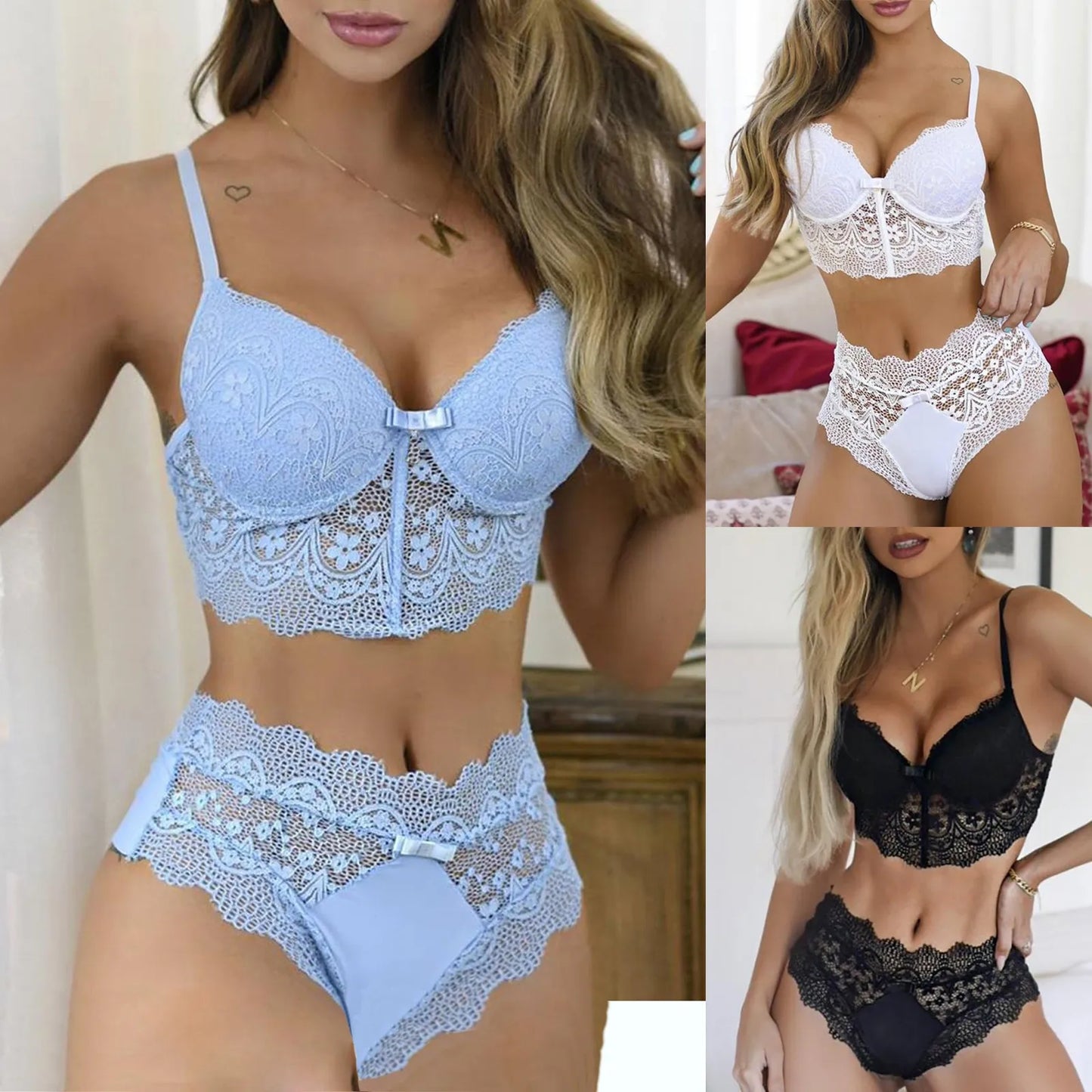 Lace Sexy Bras And Pantie Set For Women Solid Color Push Up Lingerie Outfit Floral Embroidered Ultra-Thin Underwear Set Lenceria