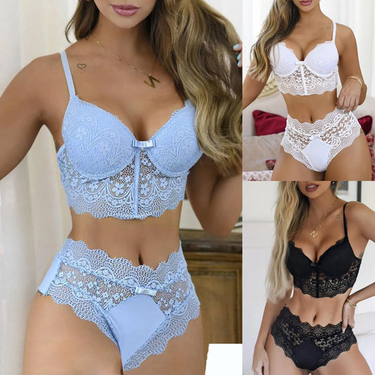 Lace Sexy Bras And Pantie Set For Women Solid Color Push Up Lingerie Outfit Floral Embroidered Ultra-Thin Underwear Set Lenceria
