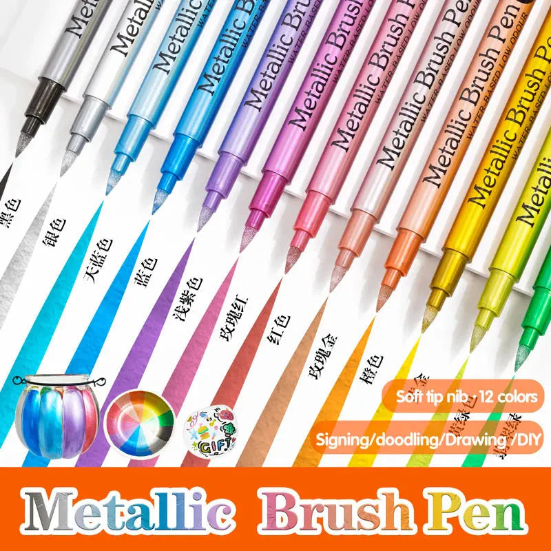 12 Colors Brush Metallic Paint Markers Pens for Rock Painting Stone Ceramic Wood Fabric Pebbles Scrapbook Journals Photo Albums
