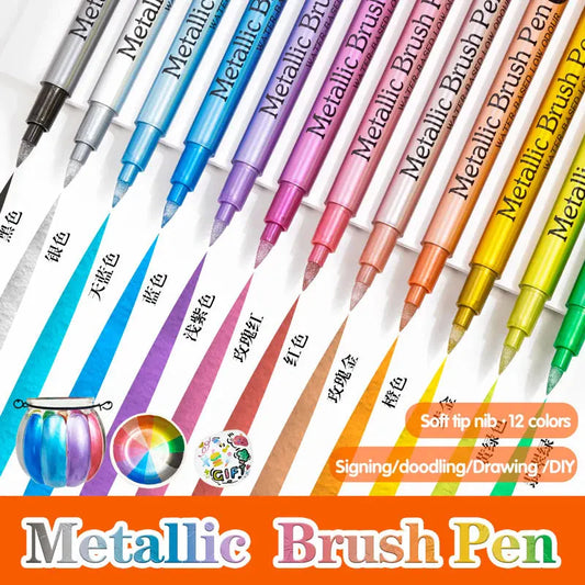 12 Colors Brush Metallic Paint Markers Pens for Rock Painting Stone Ceramic Wood Fabric Pebbles Scrapbook Journals Photo Albums