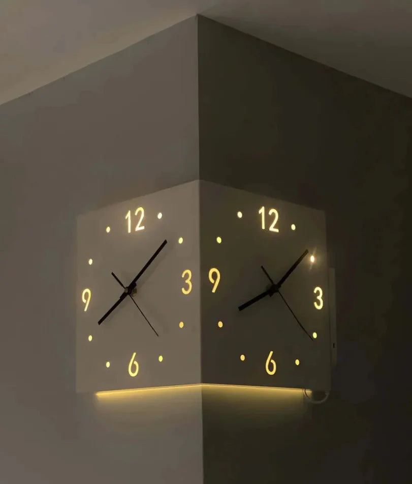 Ivory Corner Wrapping Double Sided Luminous w/ Light Sensor 16" Modern Wall Clock