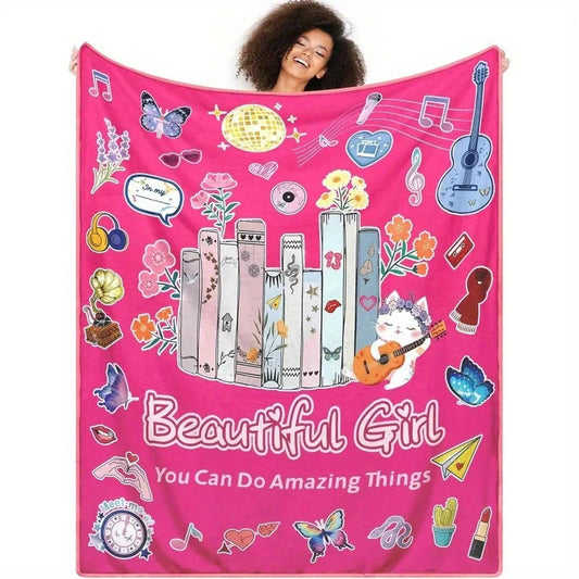Pink Flannel Throw Blanket 60"x50" - Music & Book Lover Design with Butterflies, Flowers & Inspirational Quotes
