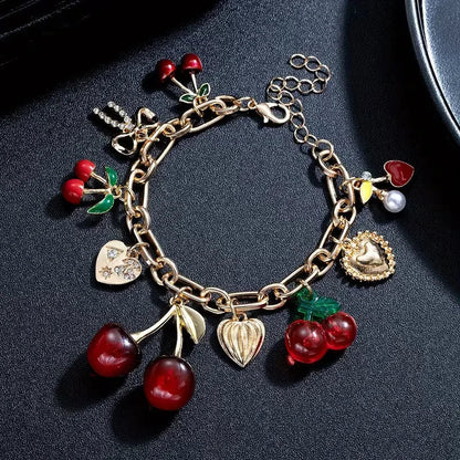 Cherry Jewelry (Ring/Bracelet Optional) - Gold Tone Crystal Charm Adjustable Cute Y2K Jewelry Accessory Daily Party Holiday Gift